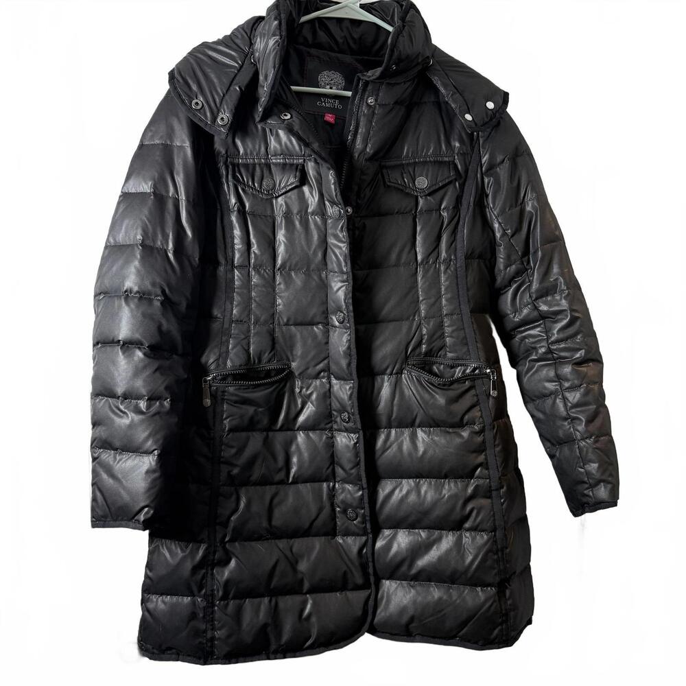 VINCE CAMUTO Long Down Black Puffer, Full Zip w/hood. Wms SZ M. CabinCore Luxury